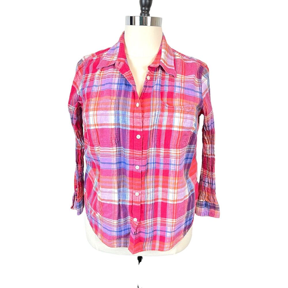 Chaps Shirt Womens Pink Plaid Crinkle Sleeves Collared Button Front Size 2X